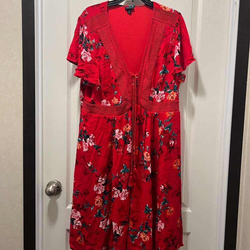 Torrid Red and White Wrap Midi Dress with Flutter Sleeves
